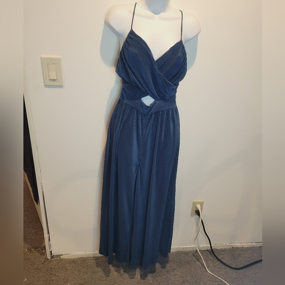 Astr Pants - Astr size s blue micro pleated wide leg jumpsuit adjustable straps